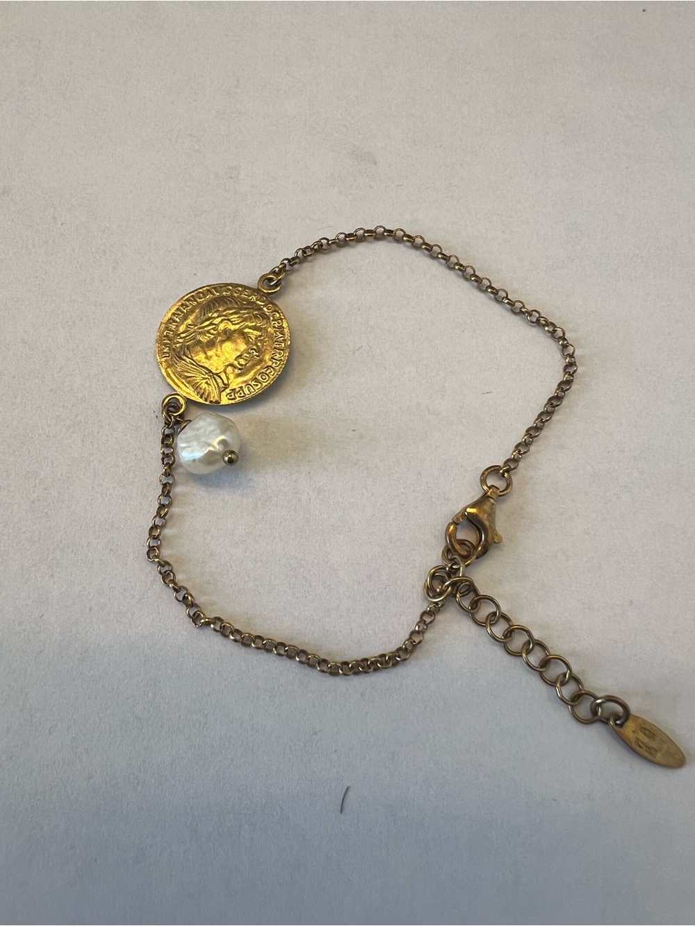 Gold Coin Pendant Bracelet with baroque Pearl Charm, it’s 925 silver